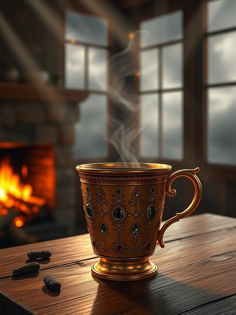 Generate an image of the most luxurious coffee in the multiverse, in a cozy room. The coffee is in a golden cup with gems and silver decorations, placed on a rustic wooden table near a crackling fireplace. Steam rises from the cup, illuminated by divine beams of light that shine through the cloudy gray sky outside, visible through the window where a few stars twinkle. The room is bathed in a warm, ethereal glow, with rays of light piercing through the misty air, creating an almost heavenly atmosphere. The light dances through the steam, adding a celestial sparkle that enhances the sense of wonder and luxury. The cup and steam look radiant, with a warm, sun-kissed color, and the scene feels serene and mystical, like a moment for spiritual reflection and contemplation.