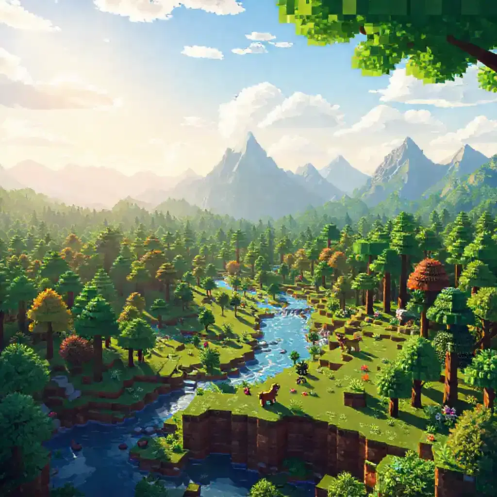Imagine a vibrant Minecraft biome spreading across a vast landscape, filled with lush forests, towering mountains, and sparkling rivers. The sunlight dances through the leaves, casting a warm glow on the blocky terrain. Delightful pixelated creatures roam, echoing a sense of adventure and wonder in a charming blocky art style.