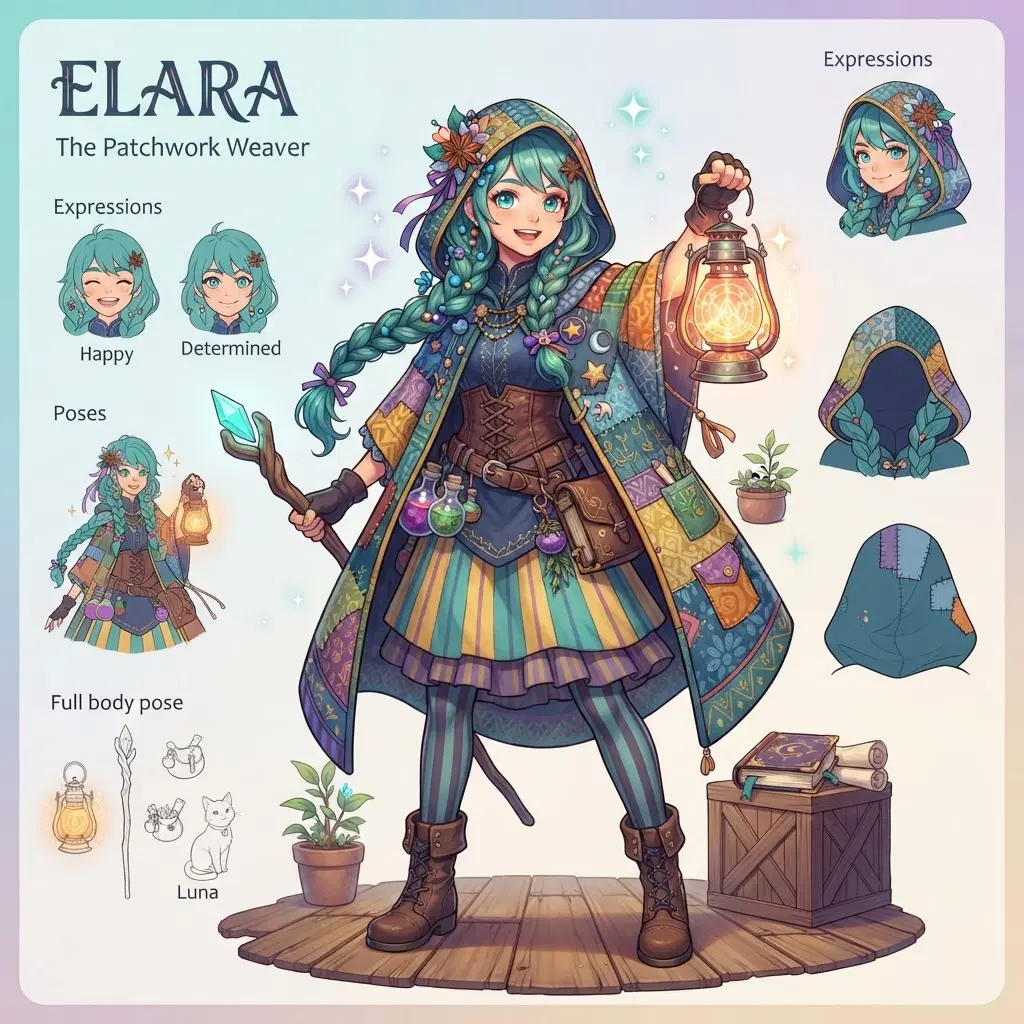 original character concept sheet, a young witch with teal braids and a patchwork cloak holding a glowing lantern, full body, anime style, colourful, clean soft gradient studio background, vibrant, crisp high detail, digital illustration