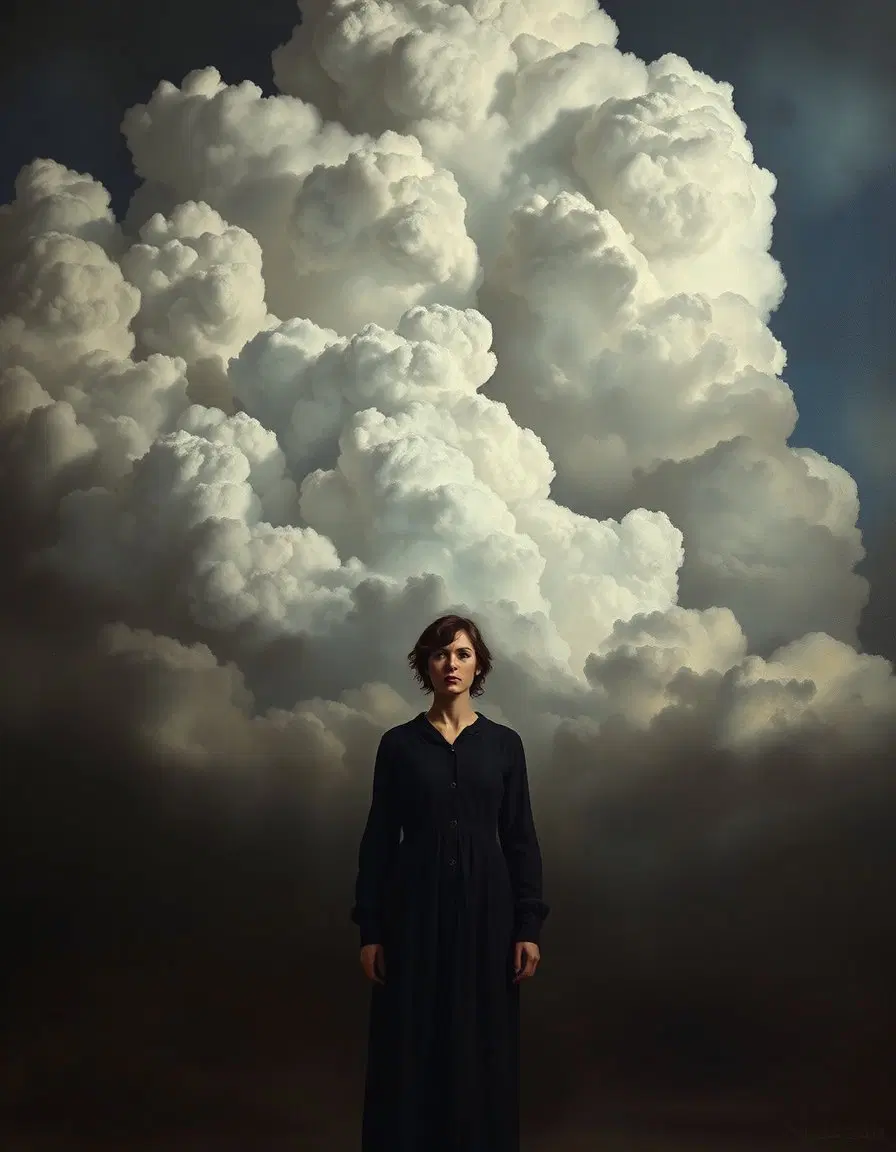 melancholic figure standing beneath vast clouds, renaissance oil painting style, dramatic light and shadow, expressive eyes, poetic atmosphere, contemplative mood, classical art, muted colors, soft painterly textures, philosophical aesthetic, museum quality masterpiece, timeless beauty, emotional depth, highly detailed
renaissance oil painting, fine art portrait, baroque lighting, editorial fashion photography, painterly brushstrokes, museum masterpiece, expressive eyes, rich textures