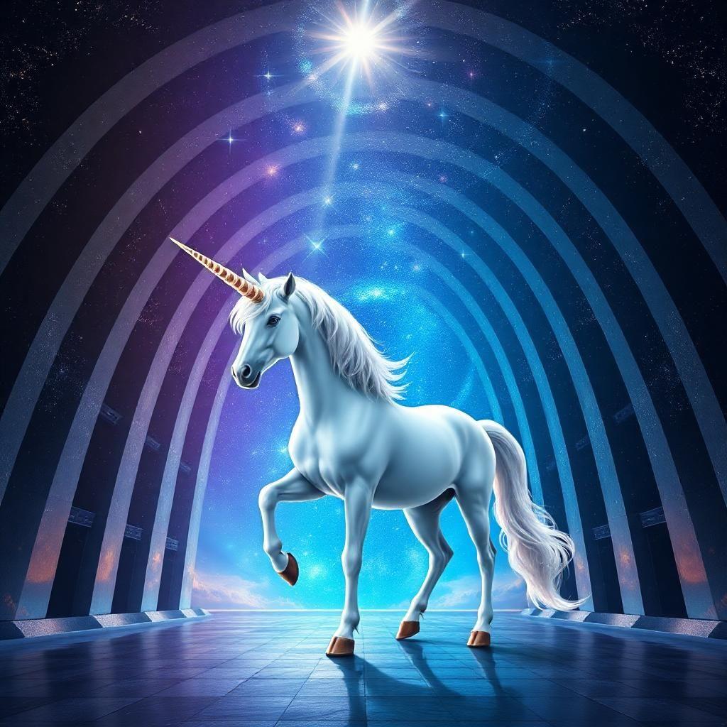 In the heart of a cosmic cathedral, a radiant unicorn stands beneath the arching beams of starlight. This creature of pure grace and mystique has a horn that spirals toward the heavens, twinkling with celestial runes. Its coat reflects the dance of galaxies, and its hooves translate temporal echoes into a rhythmic symphony that echoes across the universe.