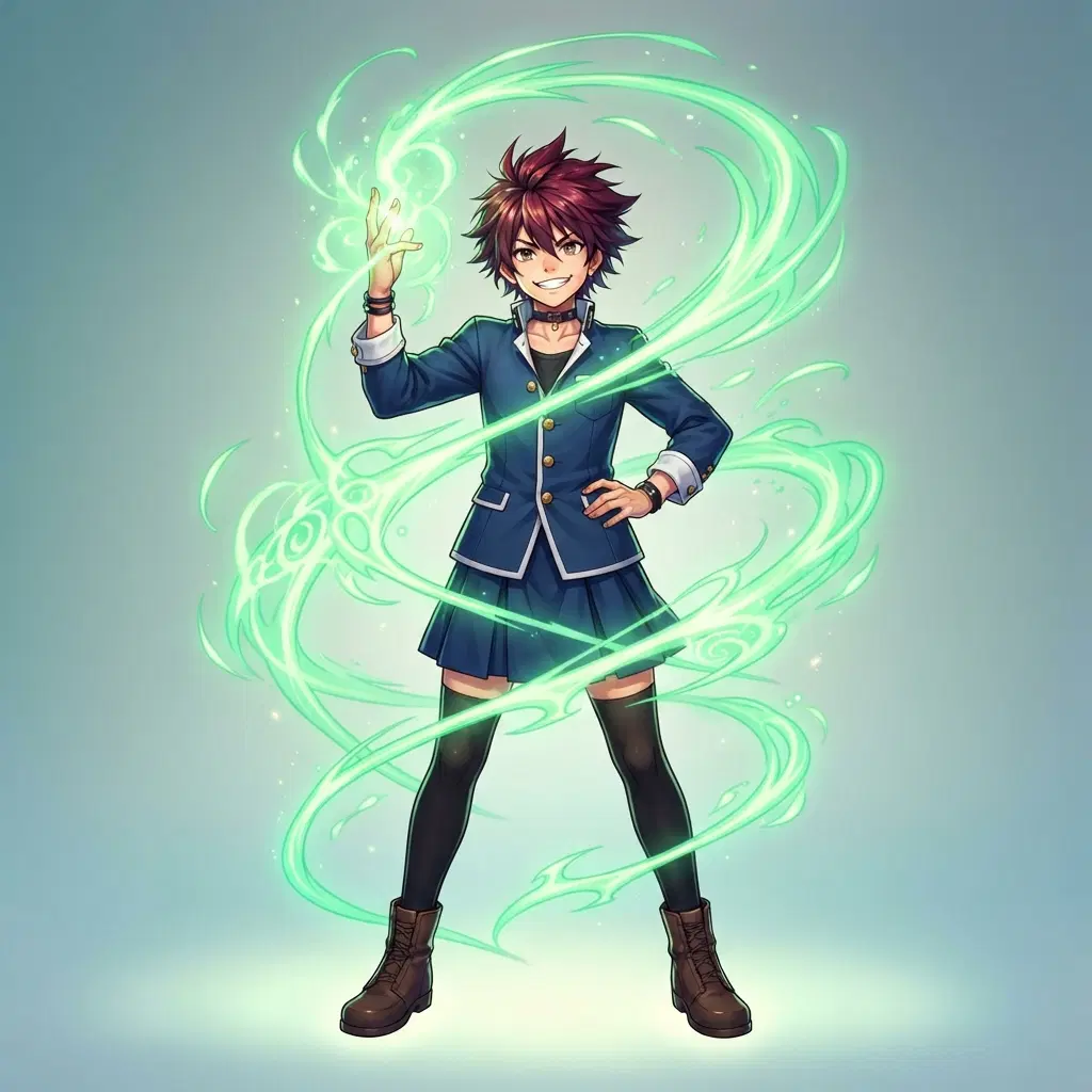 Anime illustration, full body, original young sorcerer with spiky dark red hair in a navy school uniform, bright green cursed energy swirling in a spiral around him, grin, clean soft gradient studio background, vibrant, crisp lines