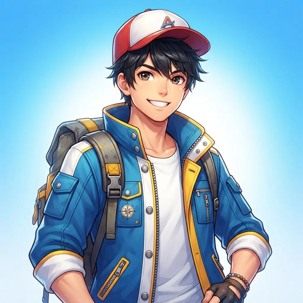 half-body portrait of a cheerful teen adventurer avatar, red and white baseball cap, short black hair, bright anime style, blue jacket with yellow trim, backpack strap, confident smile, looking at viewer, simple bright gradient background