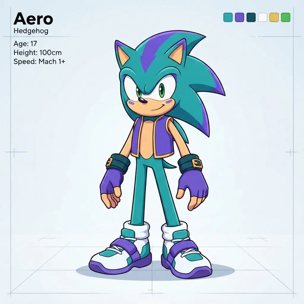 anthro hedgehog speedster oc base, clean full body pose reference, front view, teal quills and violet accents, simple sneakers and gloves, flat colour, minimal shading, plain white background, character reference sheet style, clean soft gradient studio background, vibrant, crisp high detail, digital illustration