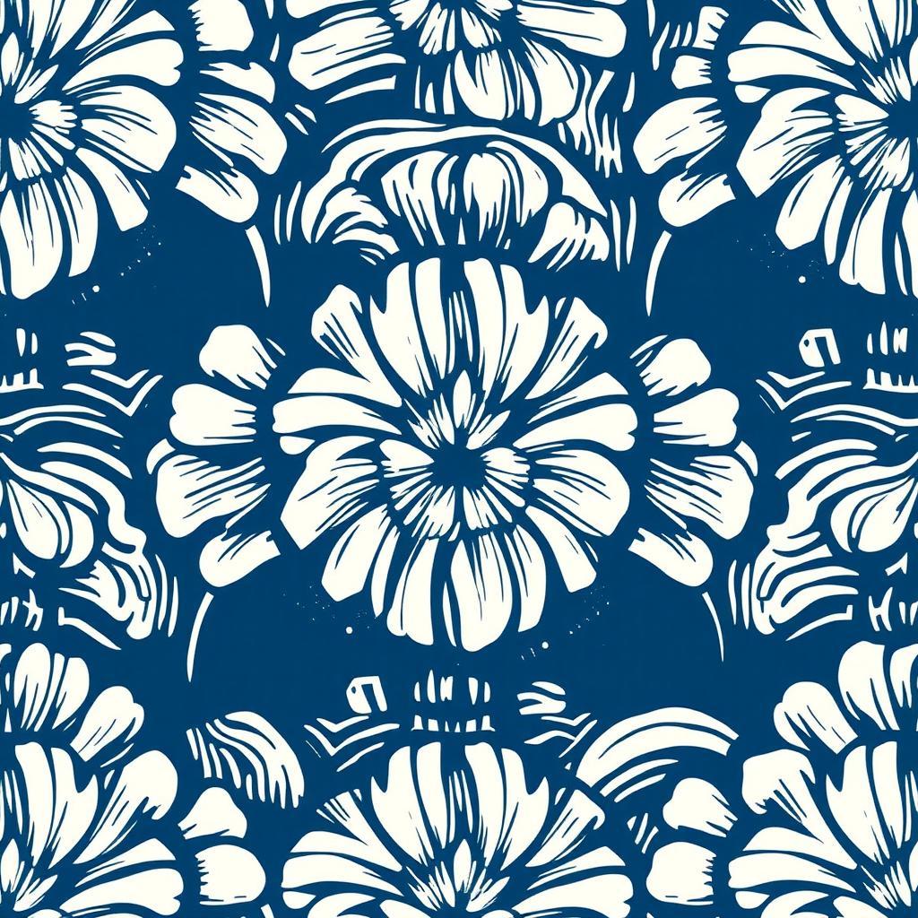 Seamless tileable linocut-style illustration , block print texture, monochrome blue and white, thick carved lines, high contrast, vintage handcrafted feel