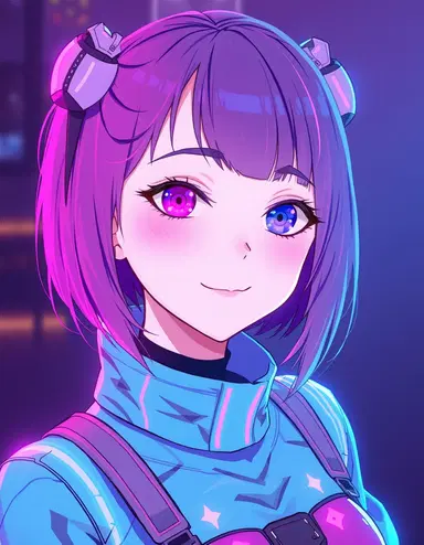 glitch pop anime idol girl, neon pink and cyan lighting, futuristic idol outfit, soft smile with slight glitch, one eye RGB split, hologram distortion, clean anime style, high detail, stage lighting, subtle digital artifacts