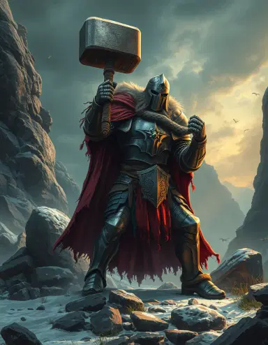 Create a fantasy picture with a knight with a big hammer like giant crusher in elden ring