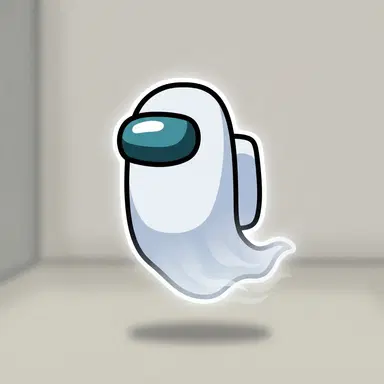 Among Us game style white ghost crewmate floating, translucent bottom, armless rounded bean ghost, glossy visor, flat cartoon game art, clean background