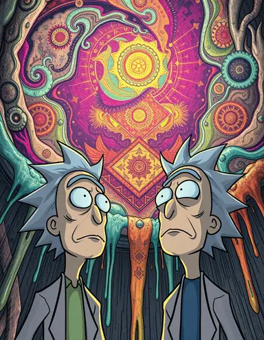 rick and morty gazing up as weathered reality melts above them, dripping vibrant though faded colors, swirling worn mandalas forming worn faces and symbols, heavy dream logic visuals, distorted acid trip aesthetic, rick and morty weathered wood-grained cartoon style with aged smooth bold outlines, muted high saturation, surreal weathered animated sci-fi fantasy.