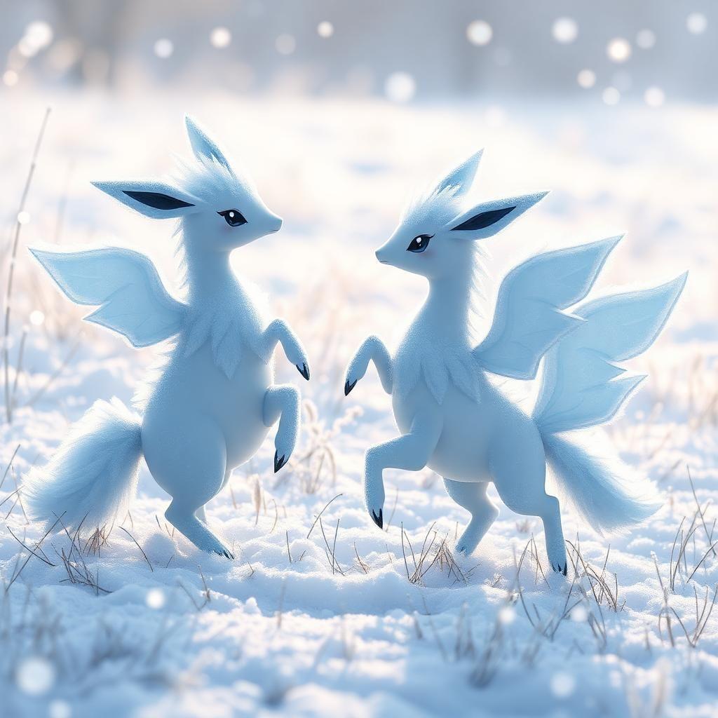 In a frost-kissed meadow, ethereal Pokemon with snowflake-patterned fur prance gracefully. Their fur glistens like ice under the winter sun, exuding serene tranquility. Each Pokemon interacts elegantly in a delicate art style reminiscent of a frosty fairy tale. The scenery is a winter wonderland of soft, powdery snow, creating a magical and enchanting ambiance.