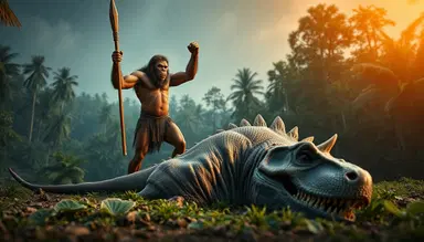 Cinematic prehistoric scene, a muscular tribal ape‑like creature standing triumphantly with a spear over a defeated dinosaur with horns, T-Rex or similar dinosaur lying down, prehistoric forest background, realistic lighting, epic adventure style, high detail, vibrant colors, dramatic composition, cinematic rendering, 16:9