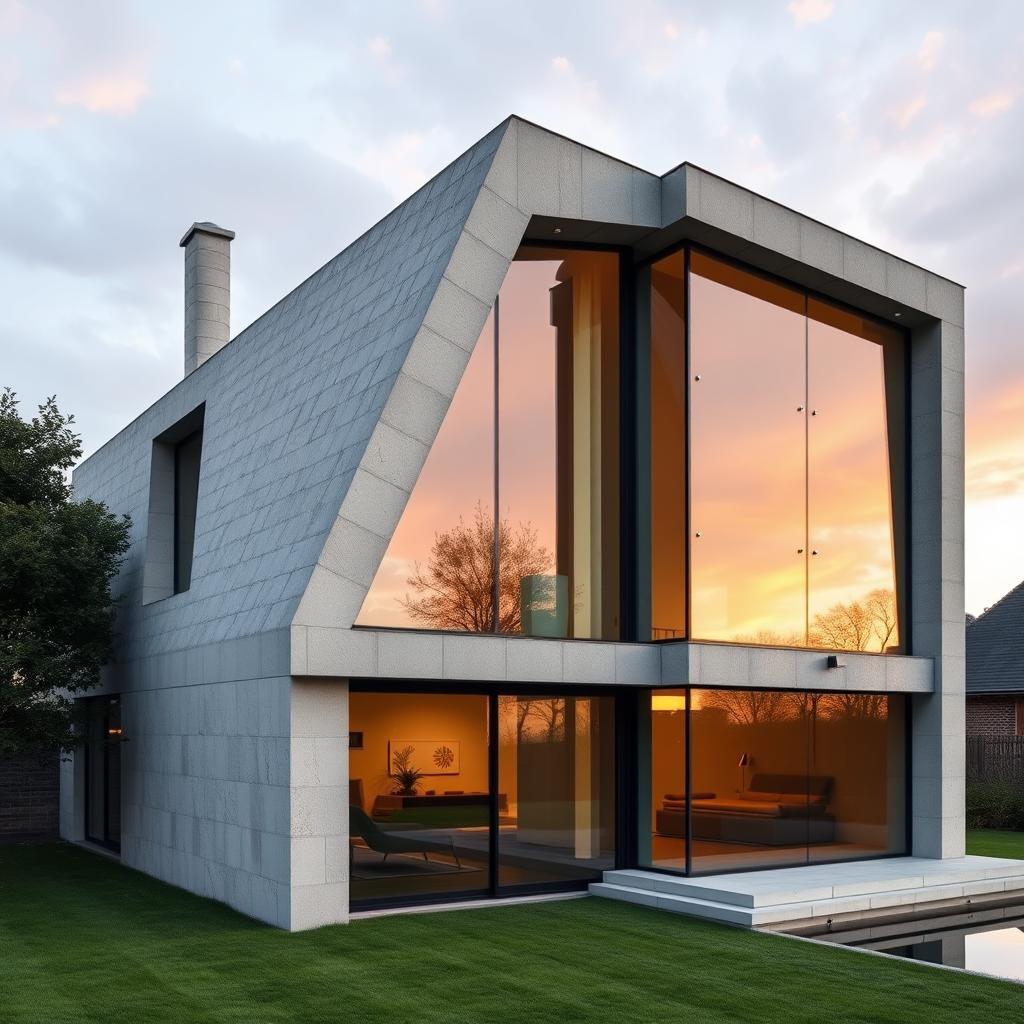 Maison en béton de forme pyramidales avec de grandes fenêtre en verre de forme rectangulaires qui prennent tous le mur avec du verre de différentes couleurs