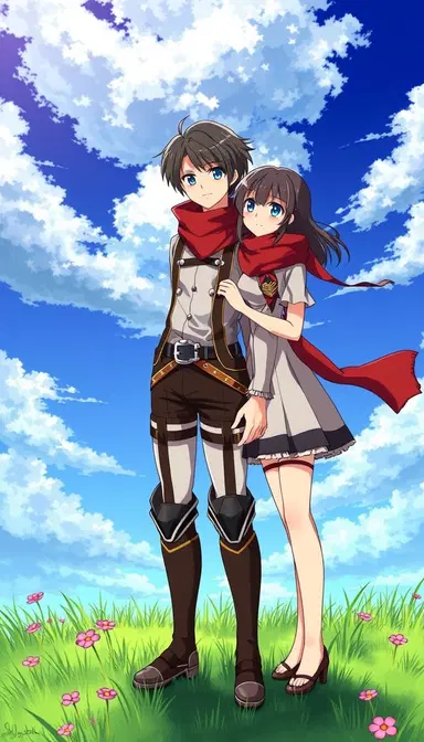 Ghibli art anime character from aatek on Titan solider dress add boy eren Yeager and mikasa love couple miksa wear red scarf make a cutest clear eyes boy long hair boy dress soldier form attack on Titan