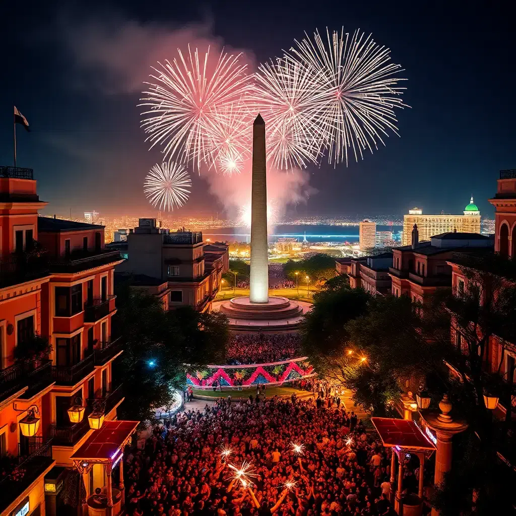 "epic new year's countdown in vibrant buenos aires, argentina: vibrant streets filled with crowded revelers, pastel-hued balconies ablaze with lanterns, and distant plaza de mayo illuminated by strobing lights. fireworks explode in synchronized rhythm above the majestic rio de la plata, casting a kaleidoscope of colors across the nighttime sky. joyful crowds dance and cheer, their faces aglow with sparklers and excitement, as the iconic obelisco monument towers above, its peak shrouded in a halo of confetti and glitter."