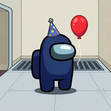 Among Us game style chibi crewmate bean, dark blue suit with tiny party hat and balloon, armless rounded bean, glossy visor, flat cartoon, clean background