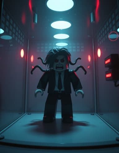 Roblox horror entity, โSubject 01โ, unstable humanoid avatar twitching violently inside containment chamber, flickering lab lights, glass cracking, warning alarms implied, camera slowly approaching as entity glitches between forms, pale lighting turning red, cinematic lab horror, high tension, distortion effects
