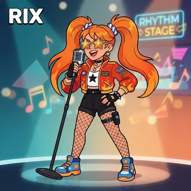 Original rhythm game girl character, orange twin ponytails, star sunglasses, singing into vintage microphone, bold 2D cartoon style