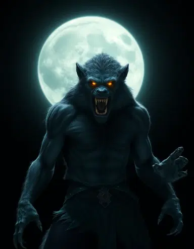 > A terrifying werewolf standing under the moonlight, muscular body, sharp glowing eyes, dark gray fur, snarling mouth with sharp fangs, claws extended, wearing torn medieval clothes, black background, dramatic lighting, high detail, cinematic style
