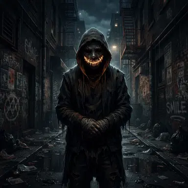 Creepypasta style OC, hooded figure with glowing stitched smile mask, urban night alley, eerie digital art, no gore, dark atmosphere