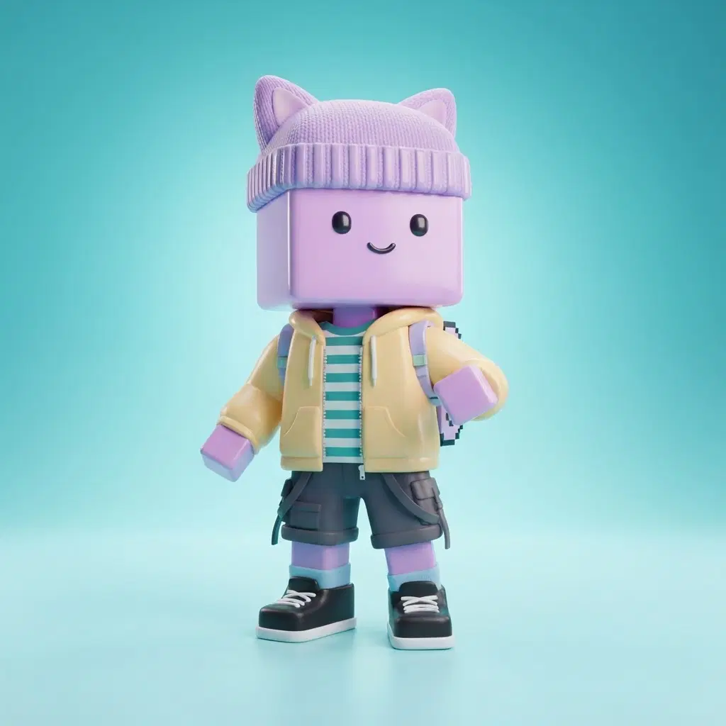 blocky toy-like avatar character with a cube head and simple boxy limbs, flat pastel purple skin, layered hoodie over a striped shirt, cargo shorts, a cat-ear beanie hat, glossy 3D render, bright cyan studio background