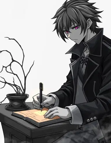 Light Yagami writing on his Death Note with Shinigami Ryuk