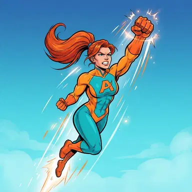 original superhero rocketing skyward, orange and teal two-tone suit, bold flat comic book style with speed streaks