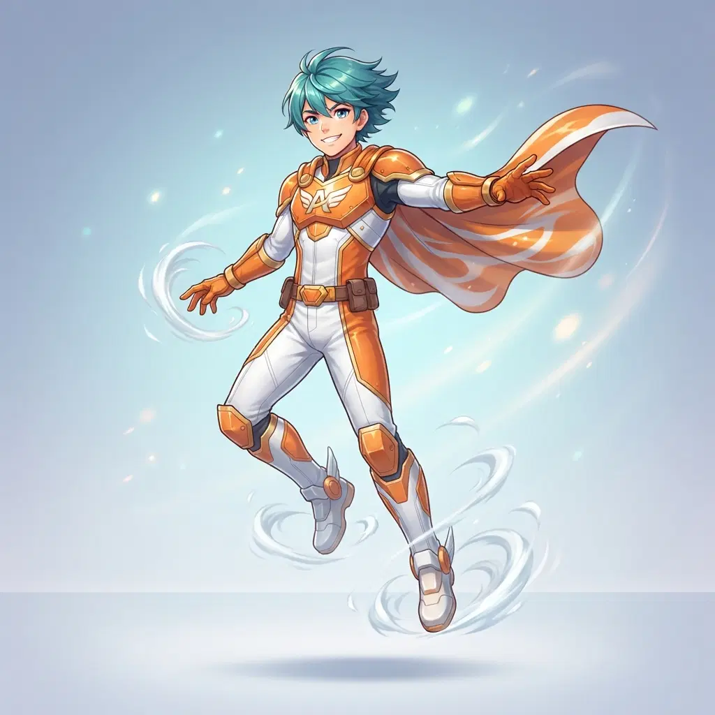 Anime illustration, full body, original teen hero boy with short teal hair, orange and white hero costume with a wind-shaped cape, small gusts of air spinning around his boots, confident smile, clean soft gradient studio background, vibrant, crisp