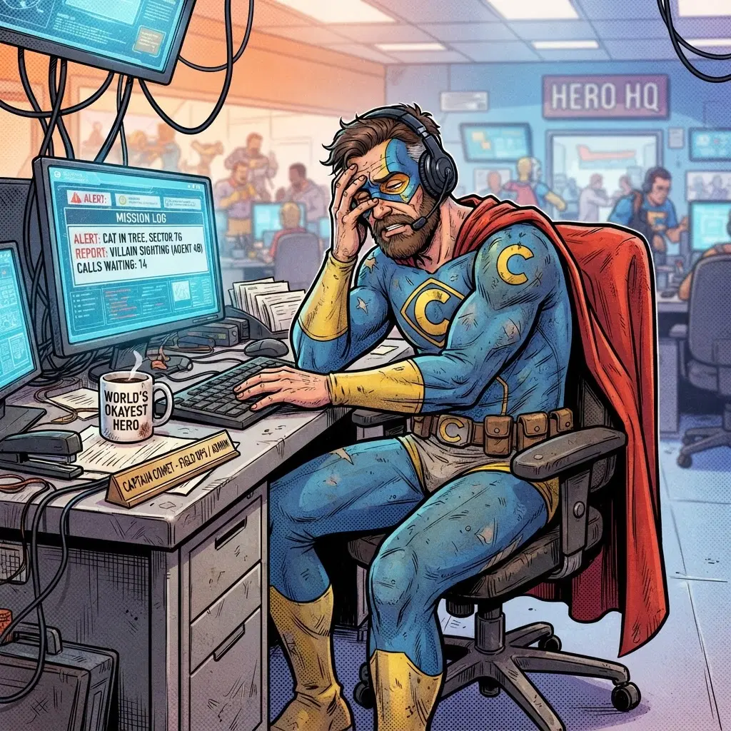 original character: a costumed superhero in a slightly worn spandex suit sitting at an office desk with a headset on, coffee mug, exasperated expression, bold comic book cel-shaded illustration, thick inks and halftone accents, clean soft gradient studio background, vibrant, crisp high detail