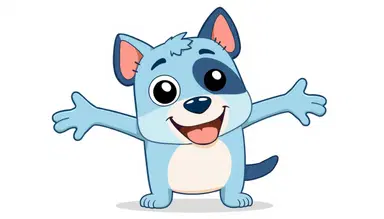 โA high-quality 2D vector illustration of an anthropomorphic Blue Heeler puppy in the distinct art style of 'Bluey'. The character is rectangular with rounded corners, featuring light blue fur with dark blue patches over the right eye and tail. The character has wide, circular white eyes, a tan muzzle, and small triangular ears. The character is in a joyful, dynamic pose with arms wide open and a happy expression. Flat colors, bold clean outlines, and a minimalist aesthetic on a plain white background.