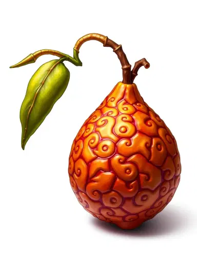 Create an original One Piece-style Mythical Zoan Devil Fruit called "Hito Hito no Mi, Model: Modi-Man" (fan-made). The fruit is round and slightly pear-shaped, covered in dense Devil Fruit swirl patterns. Rich saffron, orange, red, and gold colors blend across the surface. The stem twists into a lotus-like shape, with subtle lotus petal motifs integrated into the swirls. The fruit looks ancient, powerful, and forbidden, as if hidden by the World Government for 800 years. Official anime-style Devil Fruit design, Eiichiro Oda-inspired aesthetics, highly detailed, clean white background, character reference sheet, masterpiece quality, no human face, no text, no watermark.